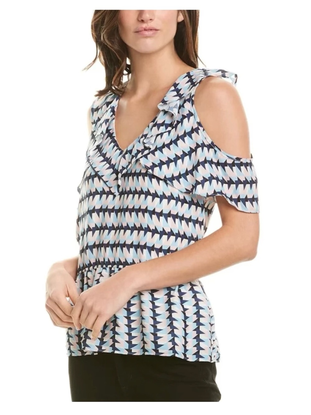 Parker Cold-Shoulder Ruffle Geometric Top in Blue and White Sz L.           Bg2